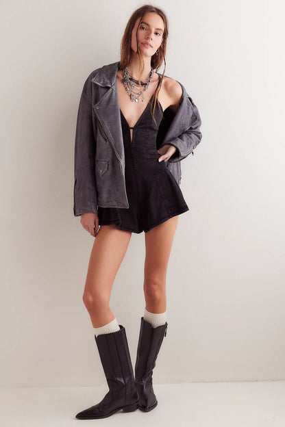 yoeasy Women's Sleeveless Deep V Neck Shorts Denim Romper Spaghetti Strap Tie Backless Ruffle Jean Overalls