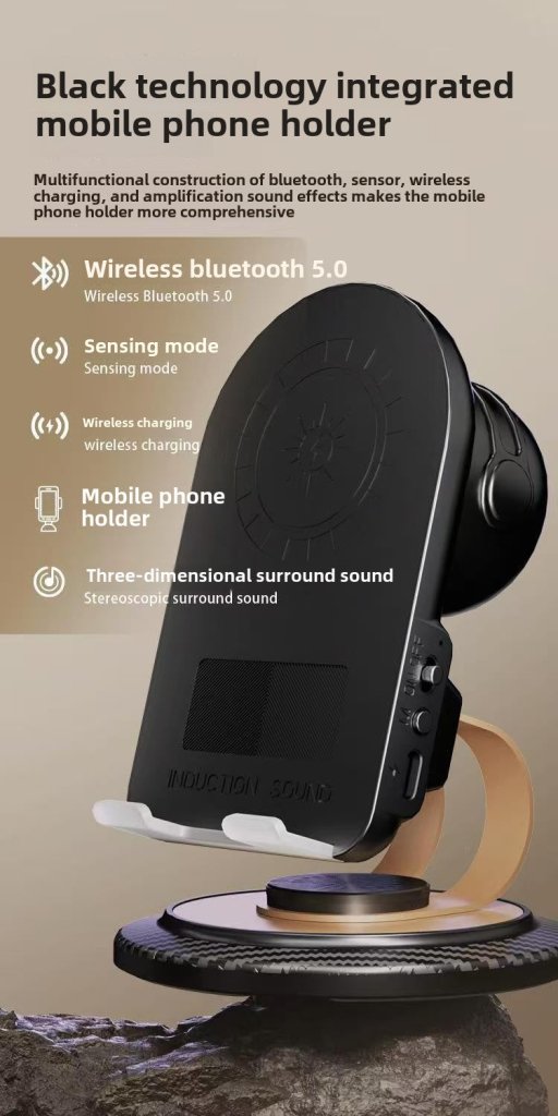 Phone holder with wireless speaker