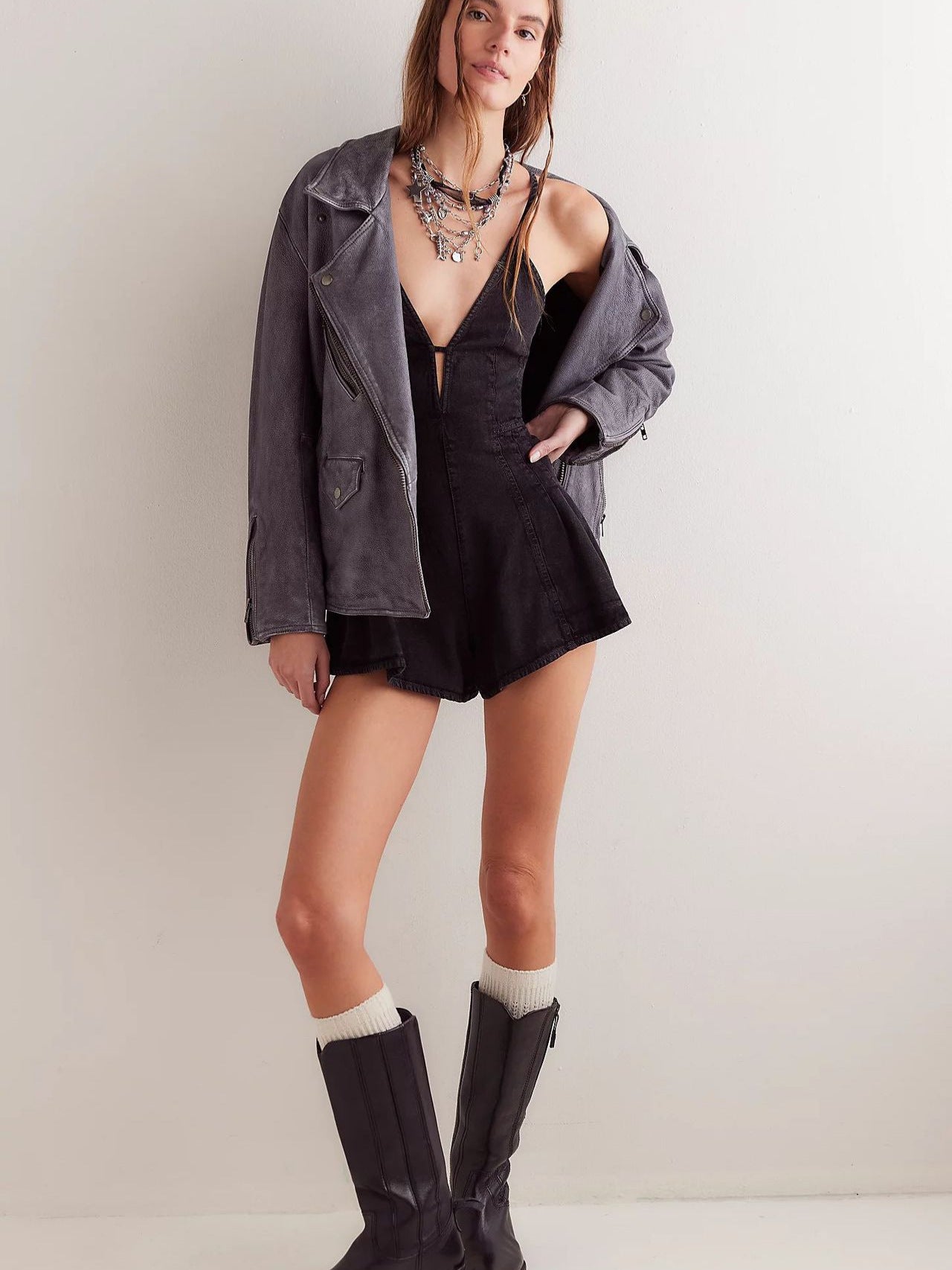 yoeasy Women's Sleeveless Deep V Neck Shorts Denim Romper Spaghetti Strap Tie Backless Ruffle Jean Overalls