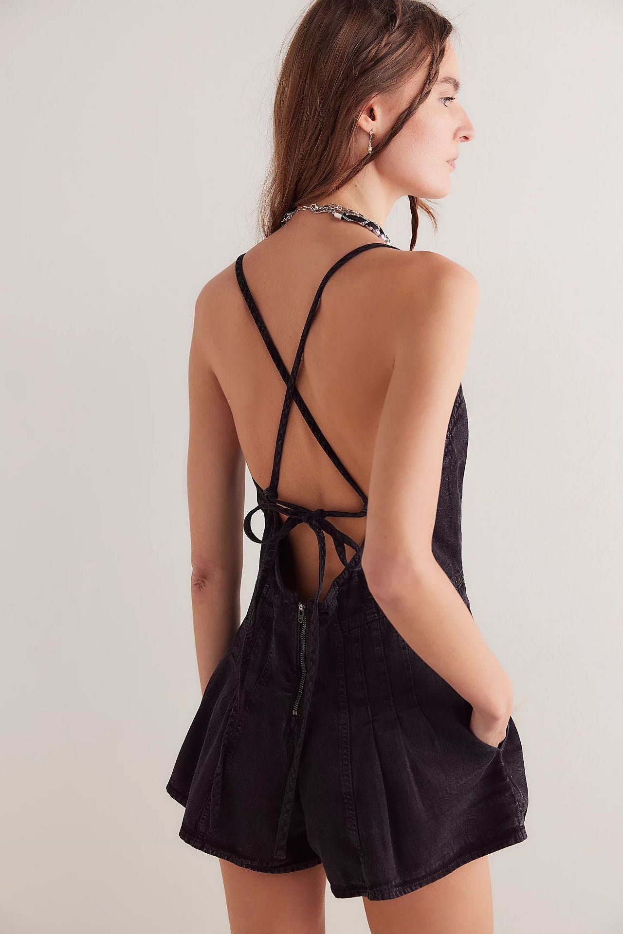 yoeasy Women's Sleeveless Deep V Neck Shorts Denim Romper Spaghetti Strap Tie Backless Ruffle Jean Overalls