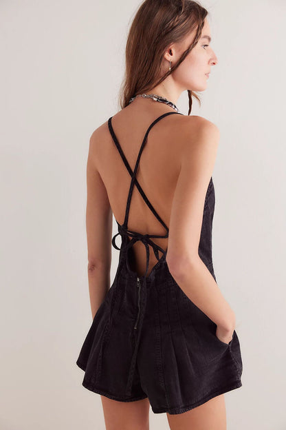 yoeasy Women's Sleeveless Deep V Neck Shorts Denim Romper Spaghetti Strap Tie Backless Ruffle Jean Overalls