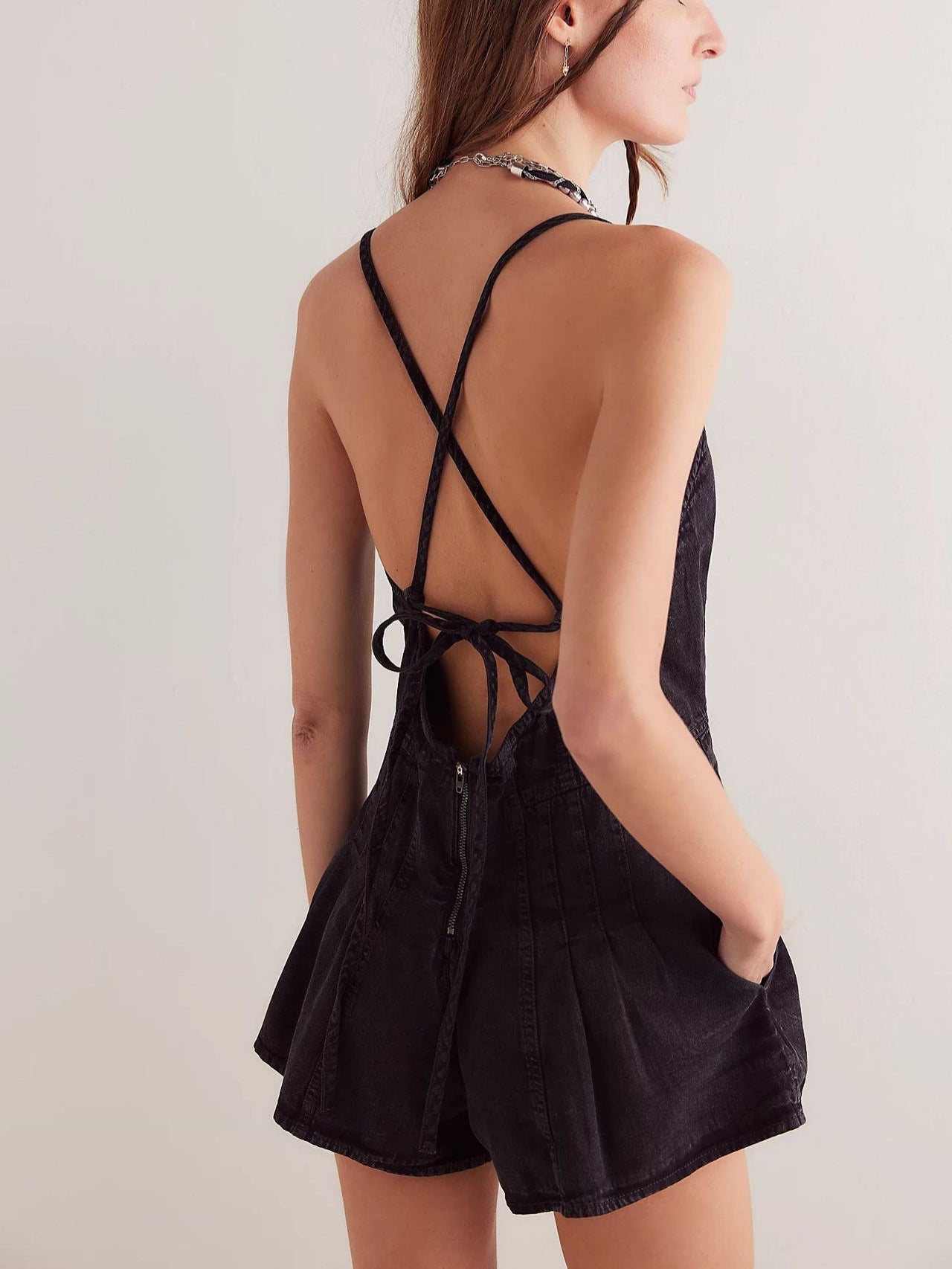 yoeasy Women's Sleeveless Deep V Neck Shorts Denim Romper Spaghetti Strap Tie Backless Ruffle Jean Overalls