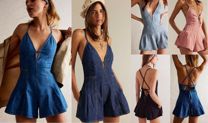 yoeasy Women's Sleeveless Deep V Neck Shorts Denim Romper Spaghetti Strap Tie Backless Ruffle Jean Overalls