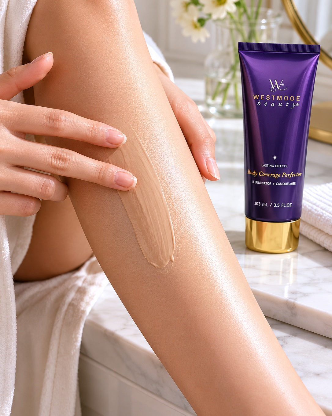 Applying a thin layer of body coverage perfector by hand