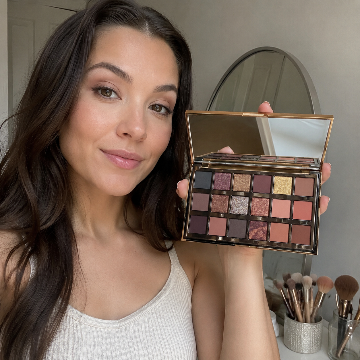 Customer holding the rose gold eyeshadow palette near a bedroom vanity mirror