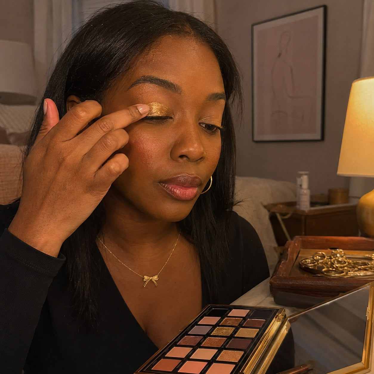 Warm evening makeup routine using gold shimmer eyeshadow