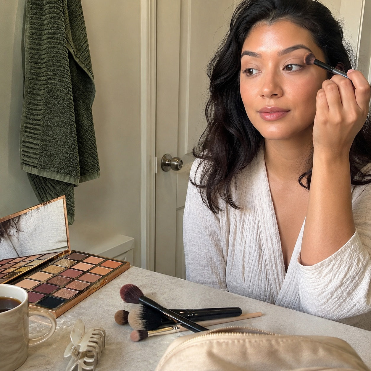 Natural morning eye makeup showing strong color payoff from a rose-gold palette