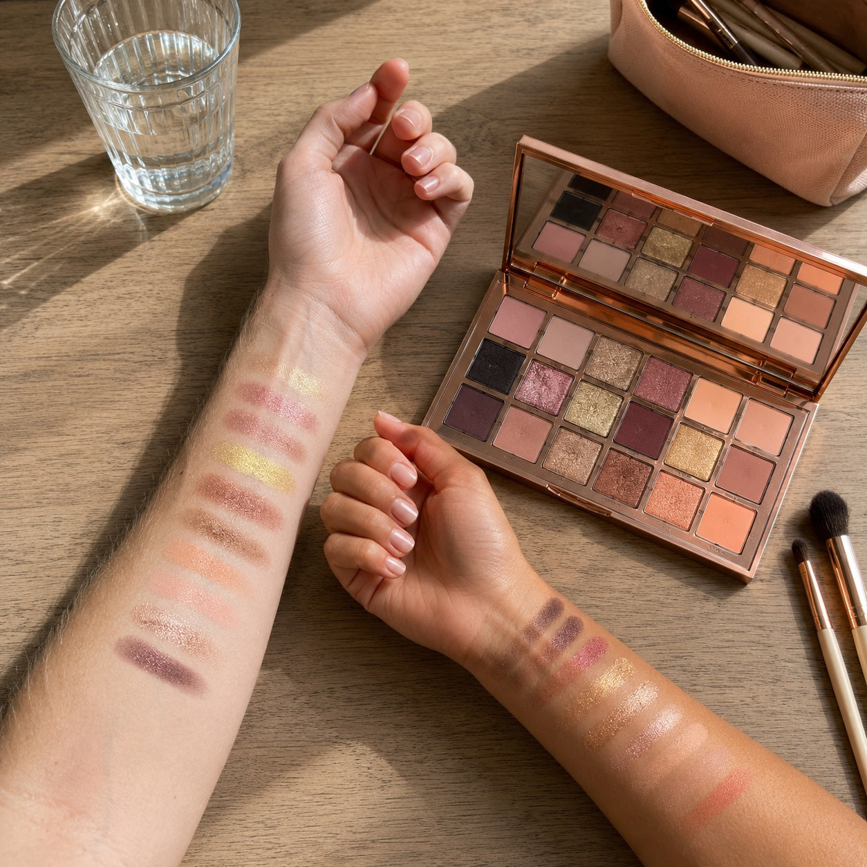Two different skin tones with eyeshadow swatches from a rose-gold palette