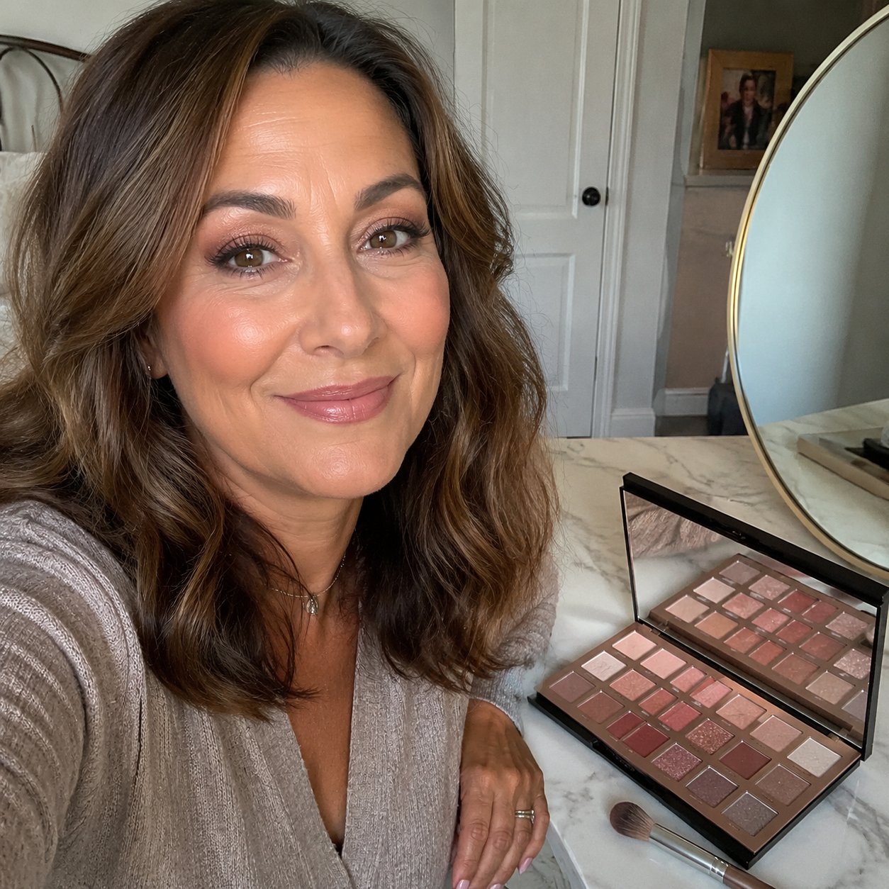 Customer showing a soft neutral eye look beside the palette at a vanity