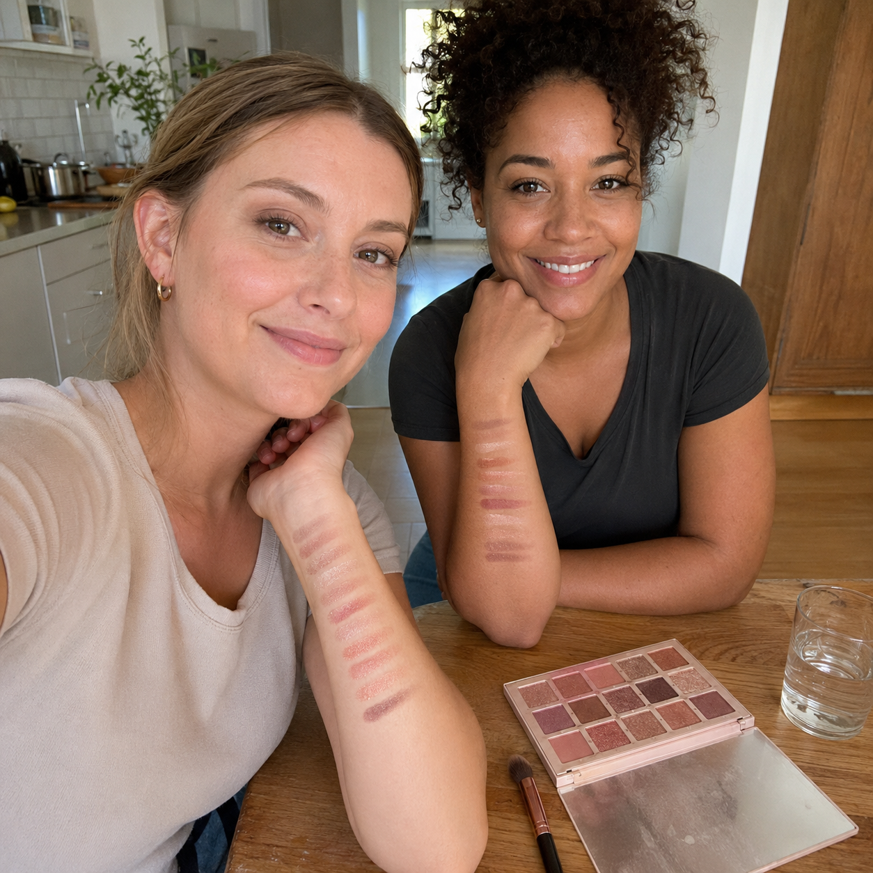 Two customers comparing rose-gold eyeshadow swatches at a kitchen table
