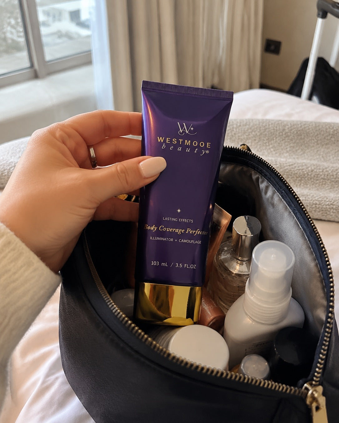 Body Coverage Perfector packed in a travel makeup bag
