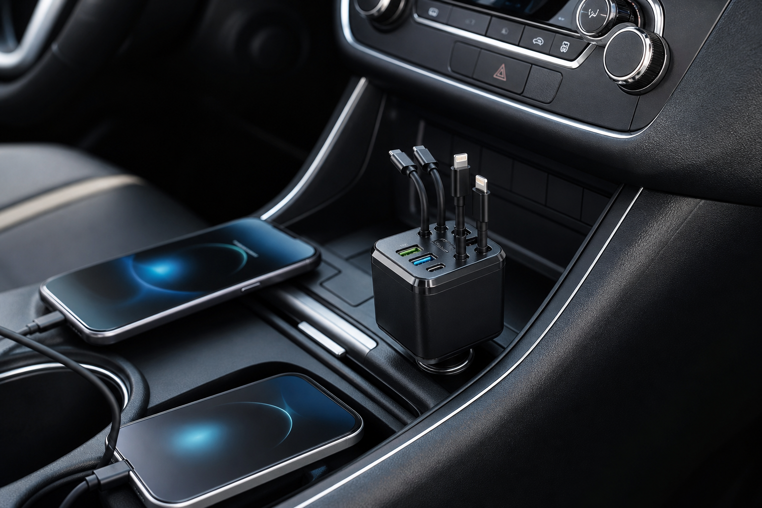 Car interior with a multi-port charger in use