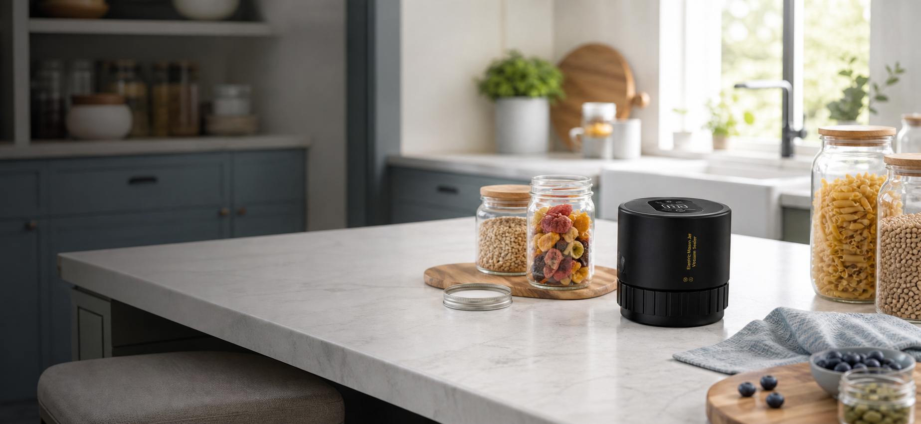 Open kitchen scene with a mason jar vacuum sealer on the counter