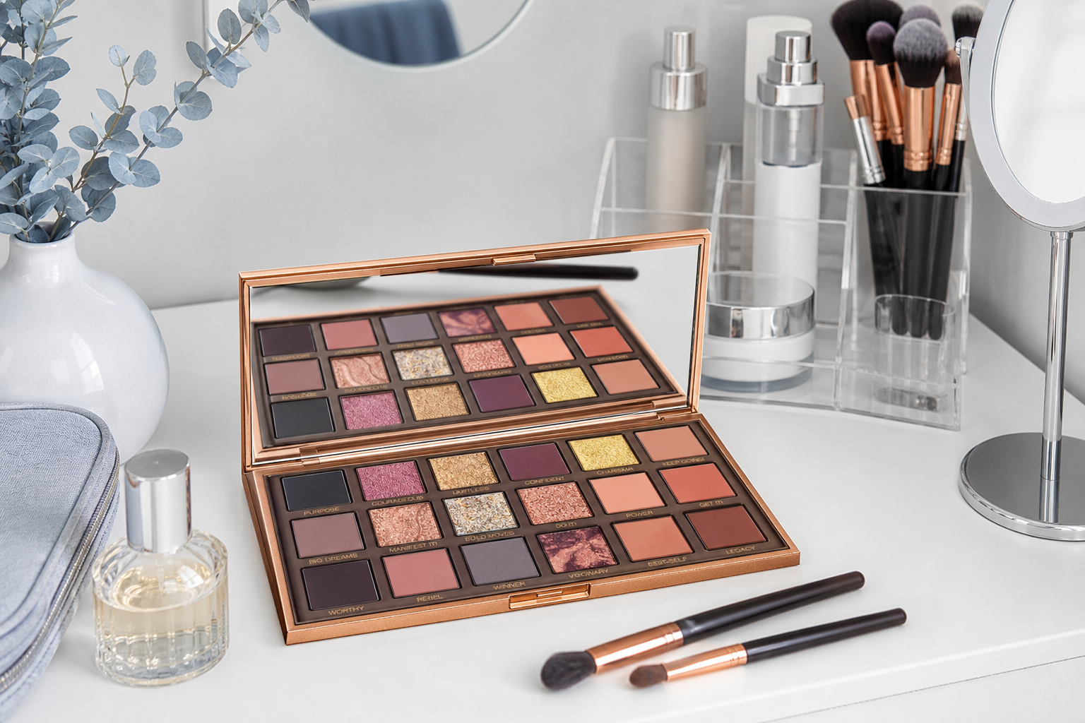 Beauty vanity scene with an open eyeshadow palette