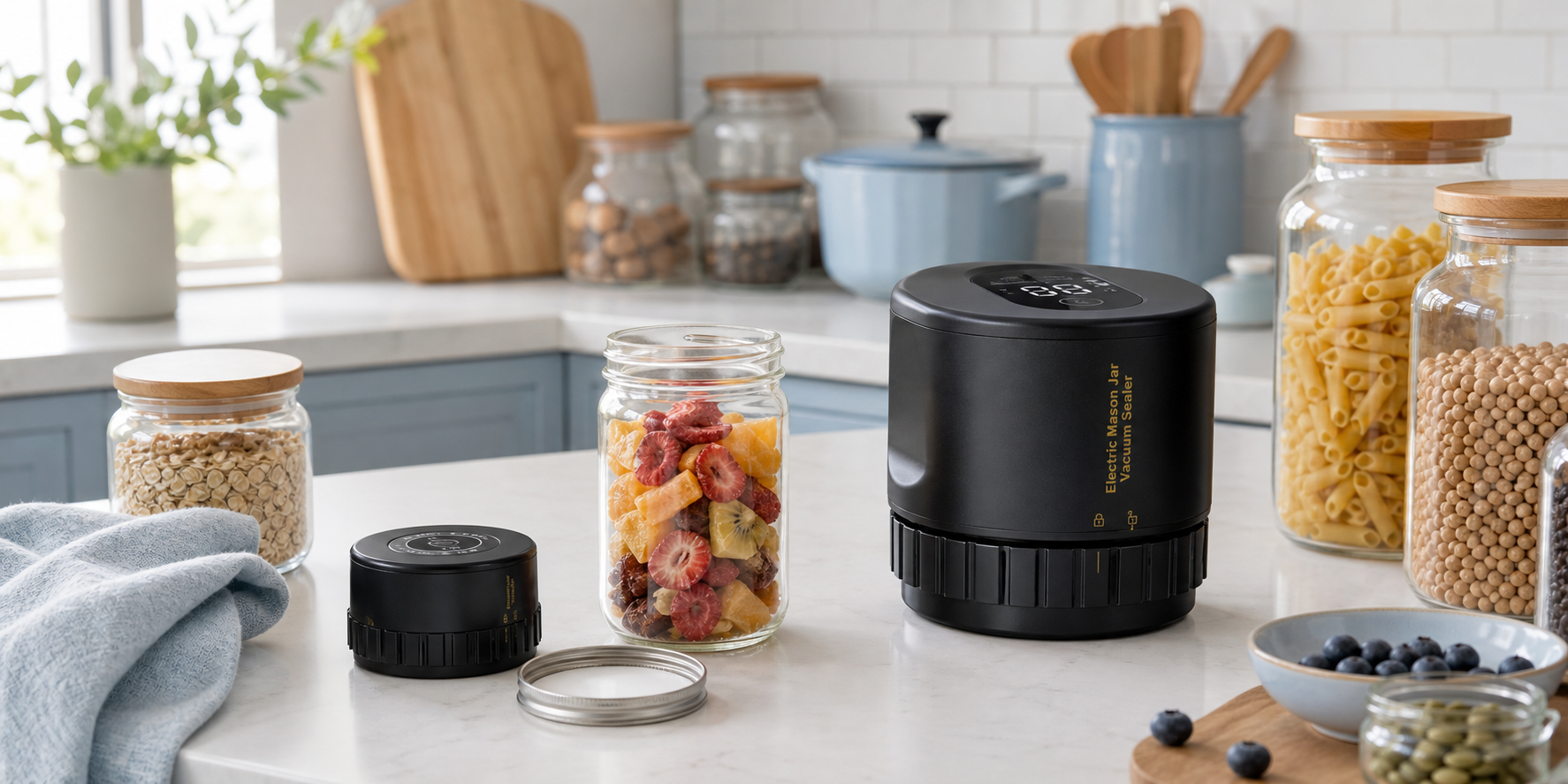 Kitchen counter with a mason jar vacuum sealer and pantry jars